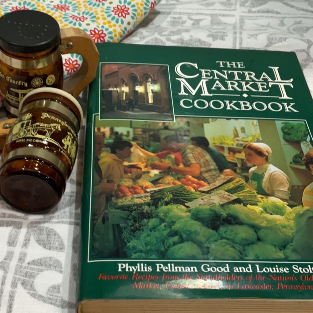 Lancaster Co. Pa. Cookbook and vintage salt and pepper shakers.